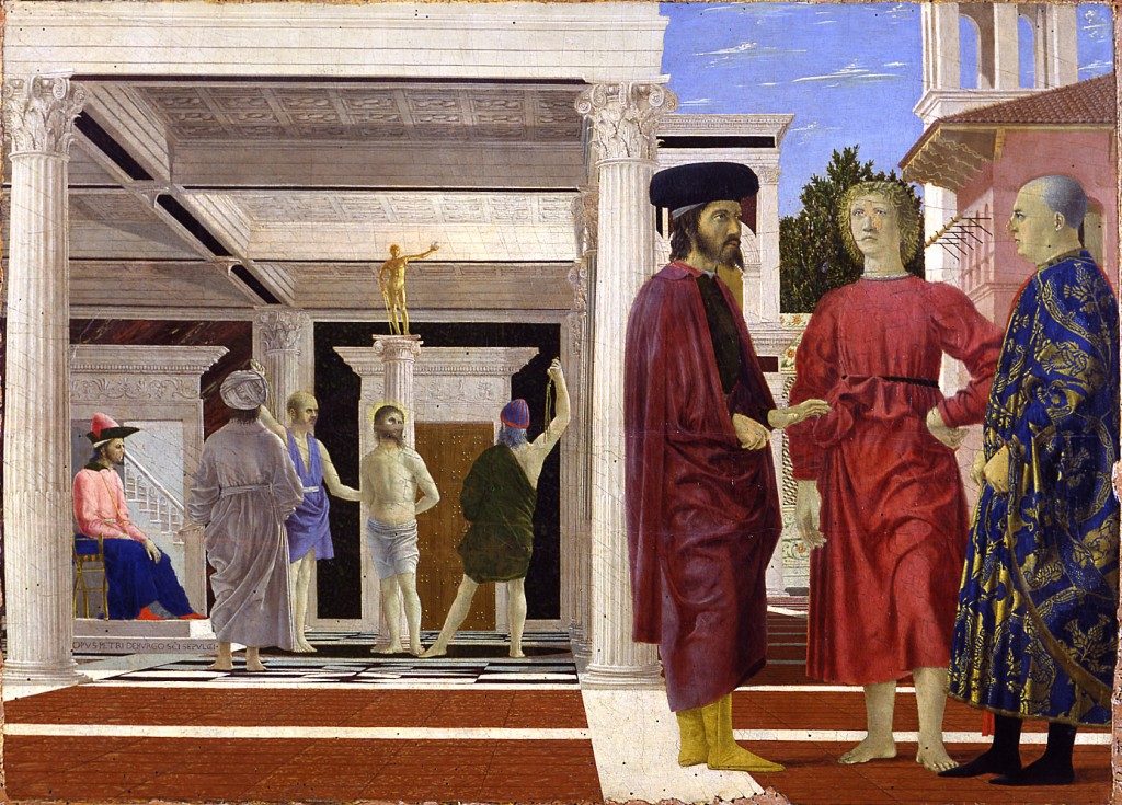 Piero della Francesca, Flagellazione, dopo il 1459, tempera su tavola, 67,5 x 91 cm. Urbino, Galleria nazionale delle Marche