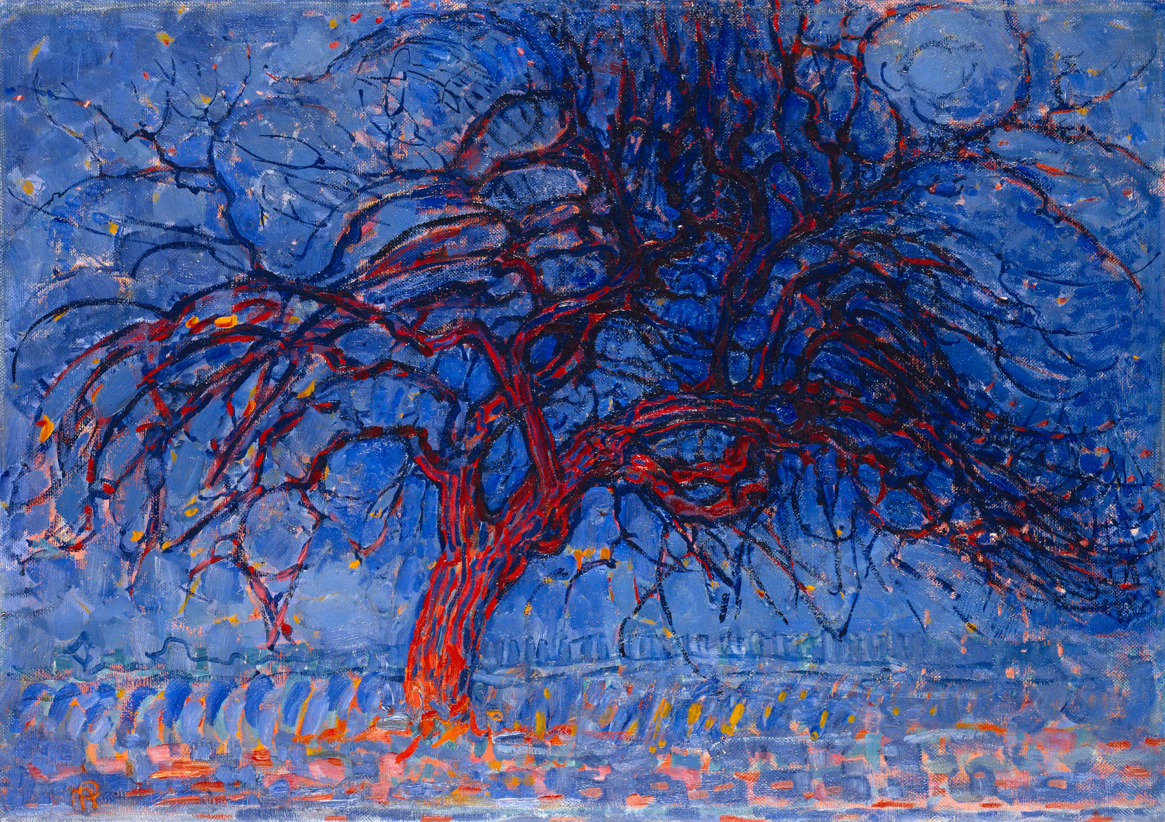 Albero rosso di Piet Mondrian. Un grande albero contro il cielo blu che ricorda Van Gogh - ADO Analisi dell'opera