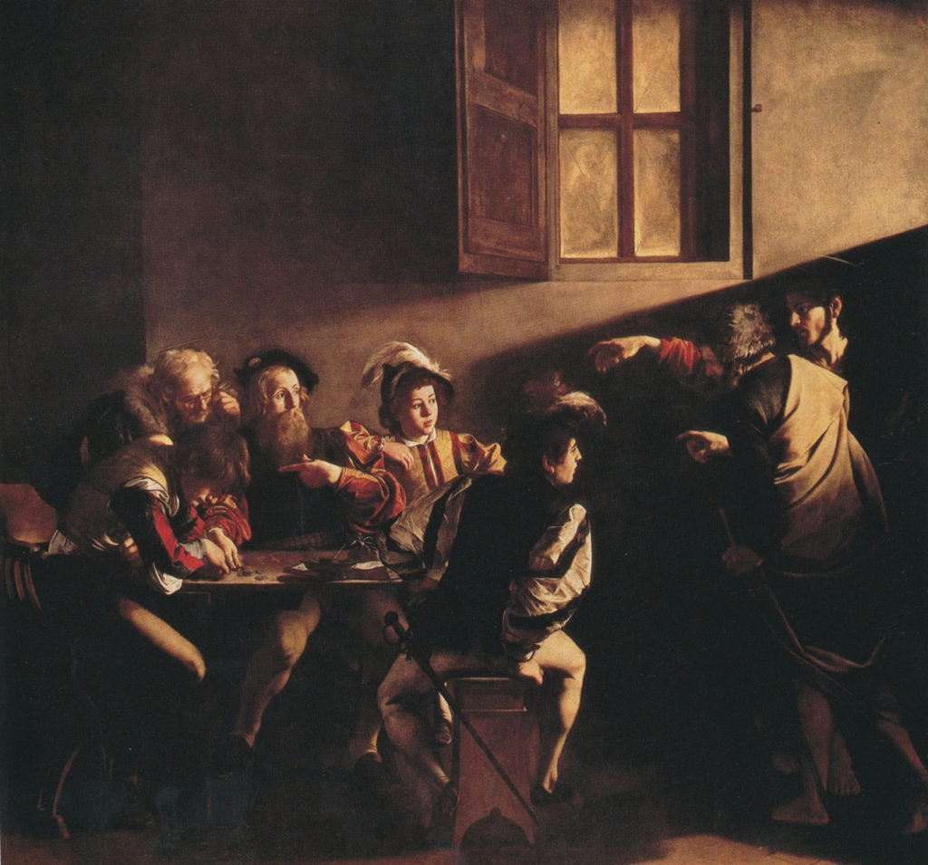 Caravaggio, Vocazione di San Matteo, 1599-1602, olio su tela, 322 x 340 cm. Roma, Chiesa di San Luigi dei Francesi, Cappella Contarelli