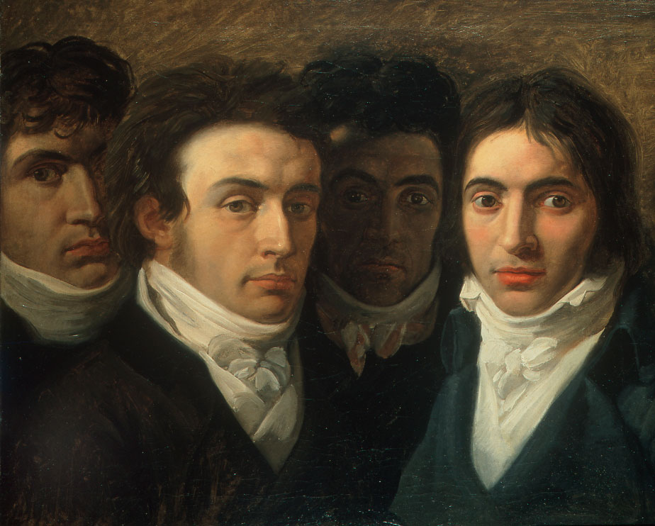 Autoritratto con Gaetano Cattaneo, Carlo Porta e Giuseppe Taverna (Cameretta Portiana) di Giuseppe Bossi