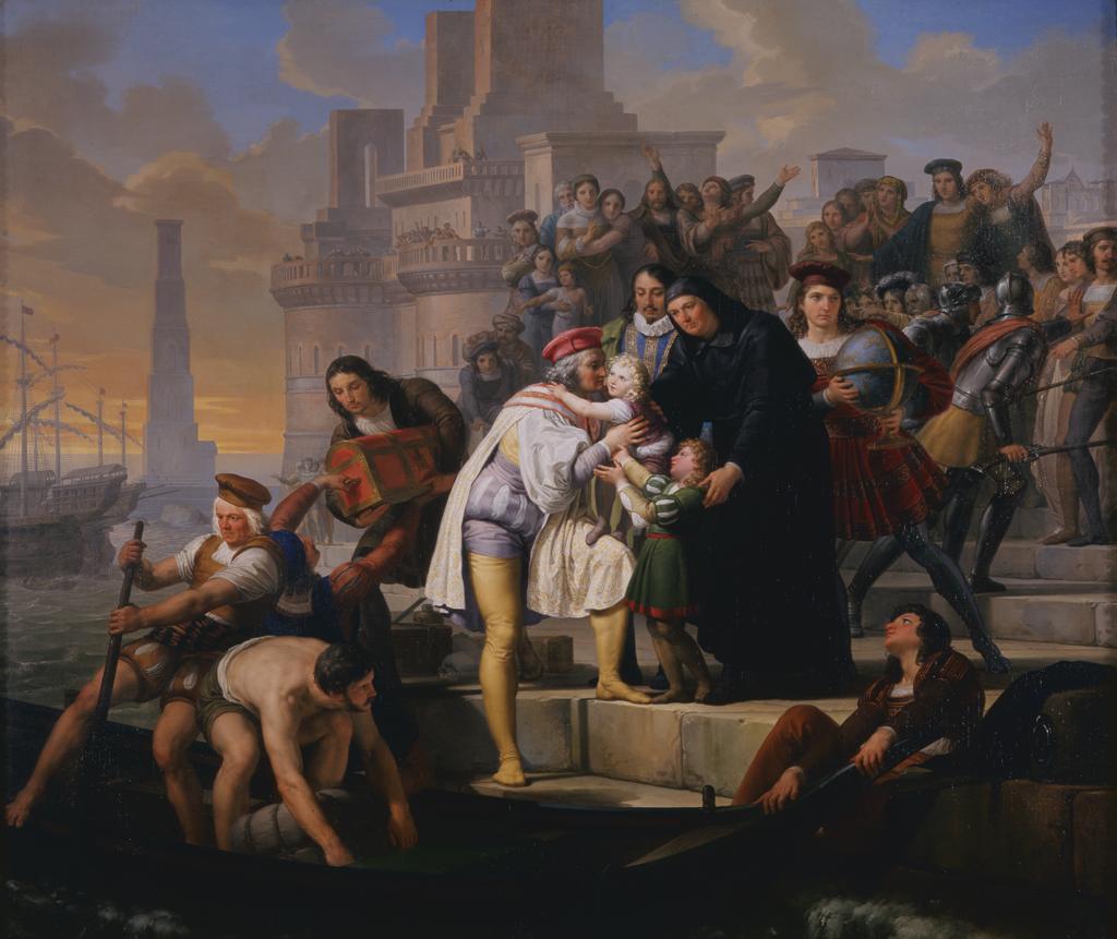 Cristoforo Colombo in partenza dal porto di Palos raccomanda i figli a Padre Giovanni Perez di Pelagio Palagi