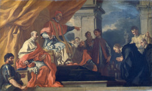 San Villibaldo chiede la benedizione di papa Gregorio III prima di recarsi ad evangelizzare i Sassoni di Francesco Solimena