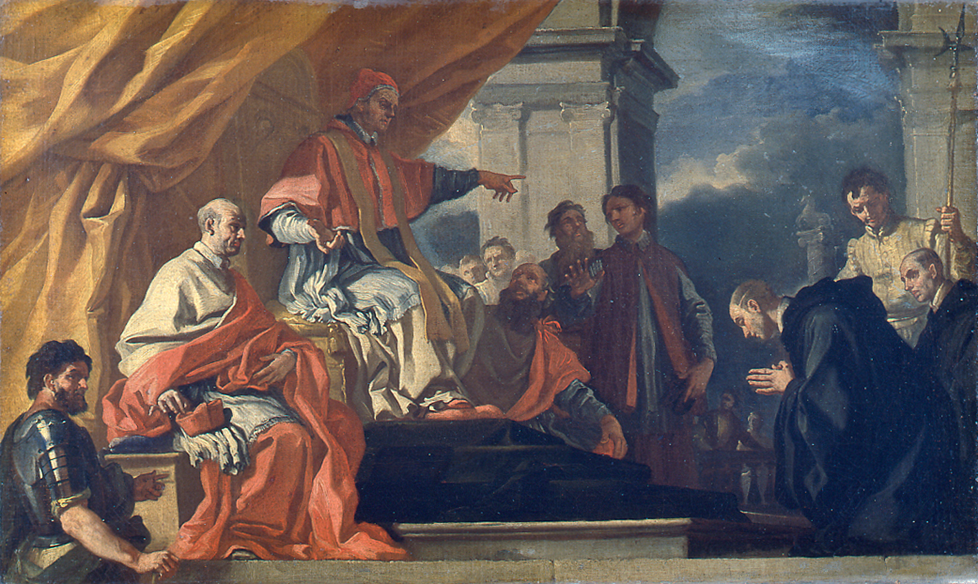 San Villibaldo chiede la benedizione di papa Gregorio III prima di recarsi ad evangelizzare i Sassoni di Francesco Solimena
