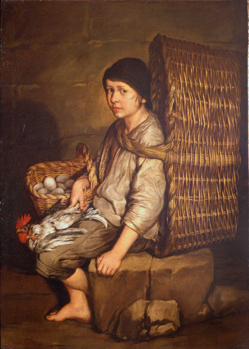 Portarolo seduto con cesta a tracolla uova e pollame di Pitocchetto (Giacomo Ceruti)