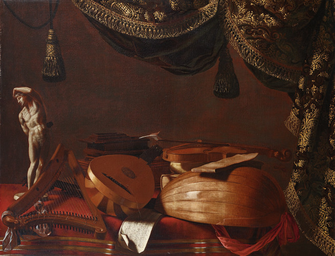 Strumenti musicali e statuetta di Evaristo Baschenis