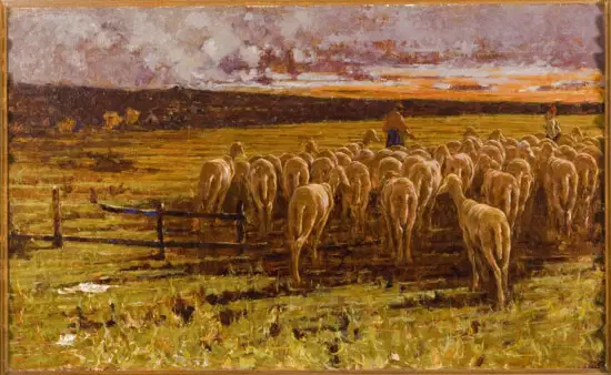 Francesco Filippini, Ritorno al Pascolo - Pecore tosate - Tramonto, 1885, olio su tela, 80 x 130 cm. Piacenza, Museo Ricci Oddi