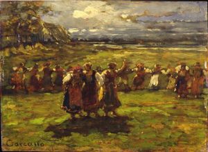 Filippo Carcano, Festa campestre, ca. 1870 - 1880, olio su tavola, 25,5 x 28 cm. Milano, Museo Poldi Pezzoli, Deposito tessili. Acquisizione legato, Camillo Boito, 1914 Inventario 0263.