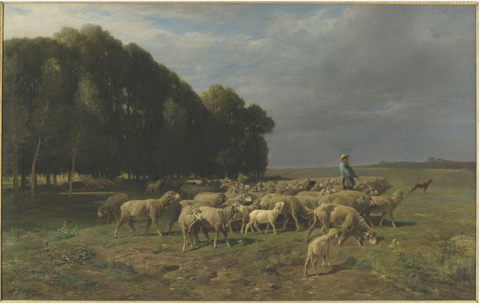 Gregge di pecore in un paesaggio di Charles Emile Jacque