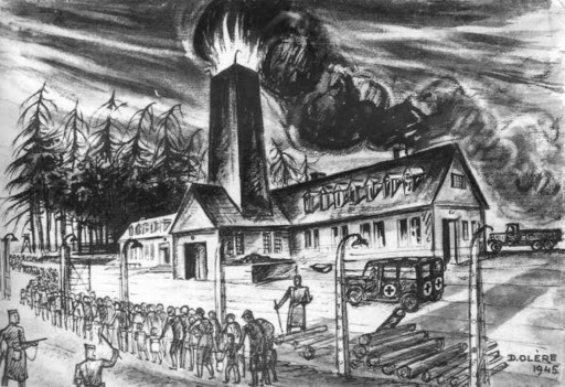 Auschwitz II-Birkenau: colonna di deportati in cammino verso il Krematorium III in funzione di David Olère