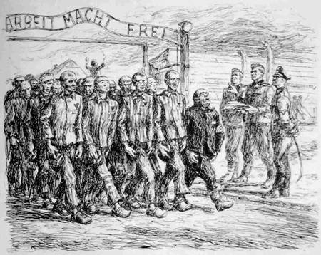 Auschwitz I : prigionieri che vanno a lavorare uscendo dal cancello del campo che porta la scritta : "il lavoro rende liberi" di Mieczyslaw Koscielniak