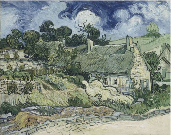Casolari con tetto di paglia a Cordeville di Vincent van Gogh