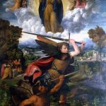 San Michele arcangelo combatte il demonio e Vergine Assunta tra gli angeli