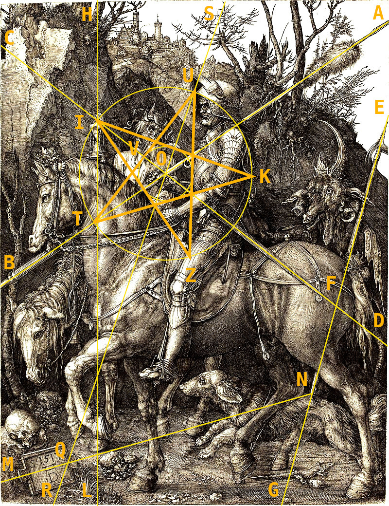 Il cavaliere, la morte e il diavolo di Albrecht Dürer con pentalpha