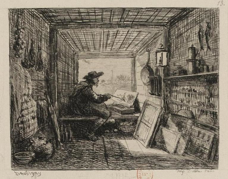 Charles François Daubigny, L’artista che dipinge a bordo del Botin (1862), acquaforte, Bibliothèque nationale de France, Parigi