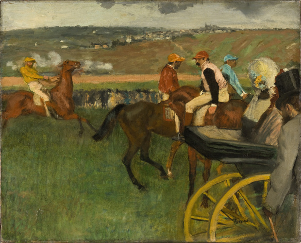 Campo da corsa. Fantini dilettanti vicino a una vettura di Edgar Degas