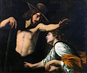 Battistello, Cristo e la Maddalena (Noli me tangere), 1618, olio su tela, 109 x 130 cm. Prato, Museo di Palazzo Pretorio. Nelle collezioni civiche nel 1933, proveniente dallo Spedale di Misericordia e Dolce.