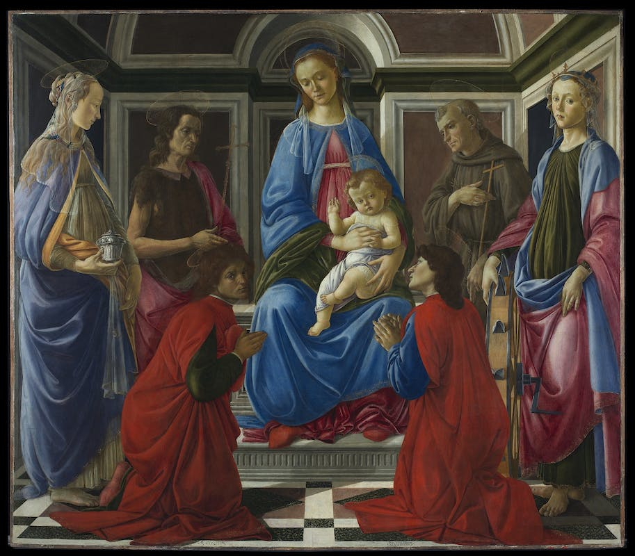Madonna col Bambino in trono e i Santi Giovanni Battista, Maria Maddalena, Francesco, Caterina d’Alessandria, Cosma e Damiano di Sandro Botticelli