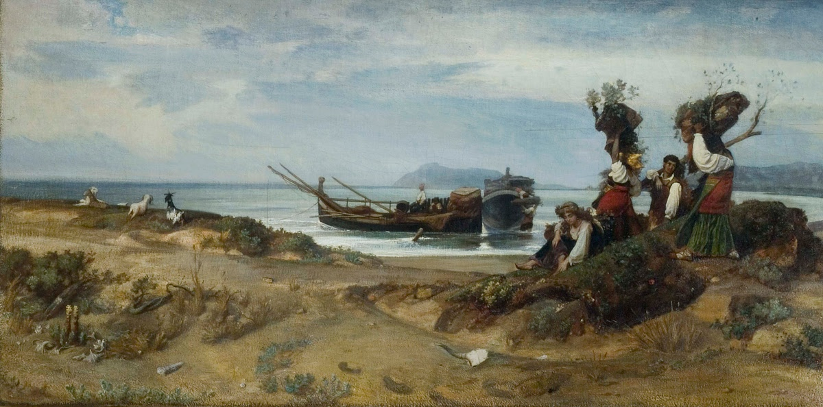 Donne che imbarcano legna al Porto di Anzio di Nino Costa