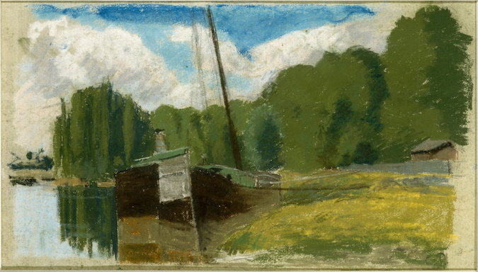 Péniche au bord de l'Oise, Pontoise di Camille Pissarro