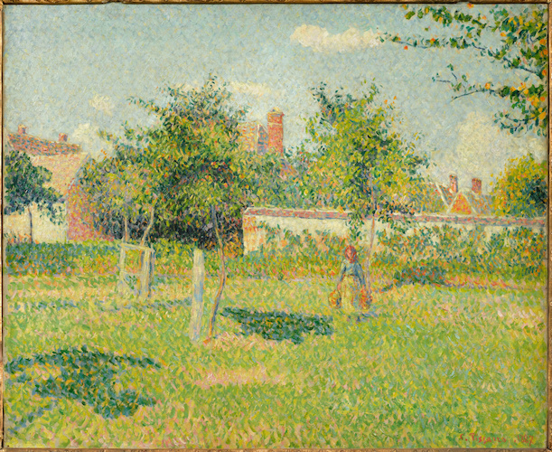 Femme dans un clos, soleil de printemps dans le pré à Eragny di Camille Pissarro