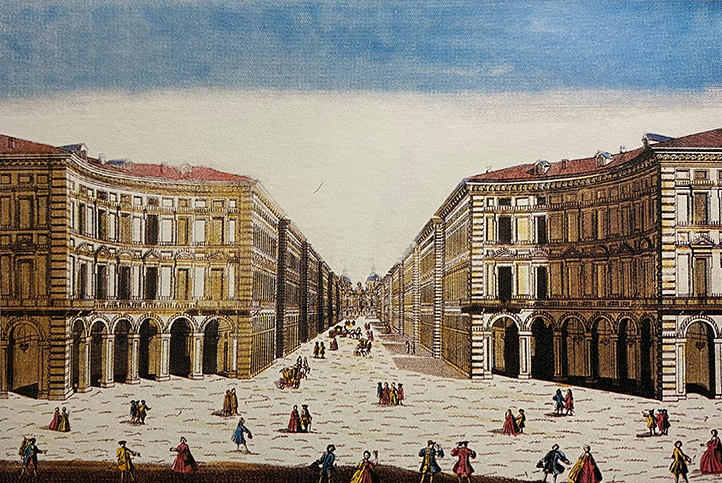 Via Po a Torino in una stampa del Seicento . incisione in rame, 1770 circa