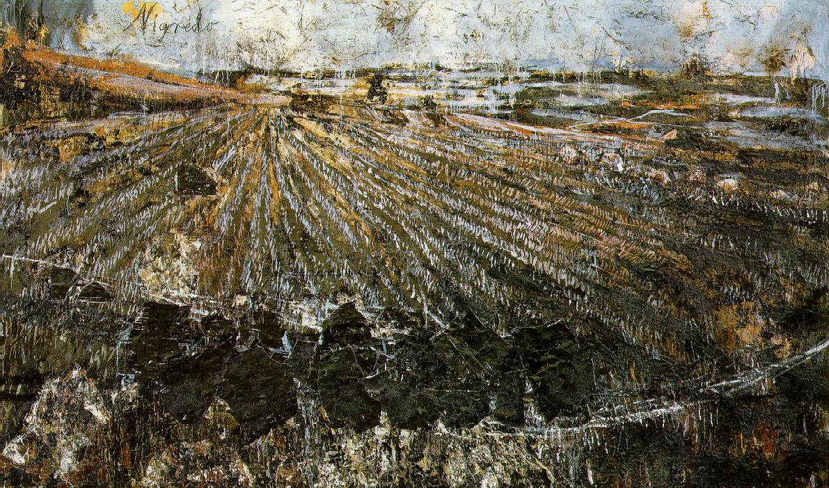 Anselm Kiefer, Nigredo, 1984, olio, acrilico, emulsione, gommalacca e paglia applicata su fotografie e intagli di xilografia montati su tela, 330,2 × 555 cm. Philadelphia, Philadelphia Museum of Art, INV: 1985-5-1