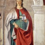 Piero della Francesca, Maria Maddalena, 1460-1466, affresco, 190 x 105 cm. Arezzo, Cattedrale di San Donato, nella navata sinistra vicino alla porta che conduce alla sagrestia