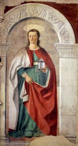 Piero della Francesca, Maria Maddalena, 1460-1466, affresco, 190 x 105 cm. Arezzo, Cattedrale di San Donato, nella navata sinistra vicino alla porta che conduce alla sagrestia