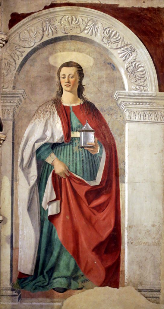 Piero della Francesca, Maria Maddalena, 1460-1466, affresco, 190 x 105 cm. Arezzo, Cattedrale di San Donato, nella navata sinistra vicino alla porta che conduce alla sagrestia